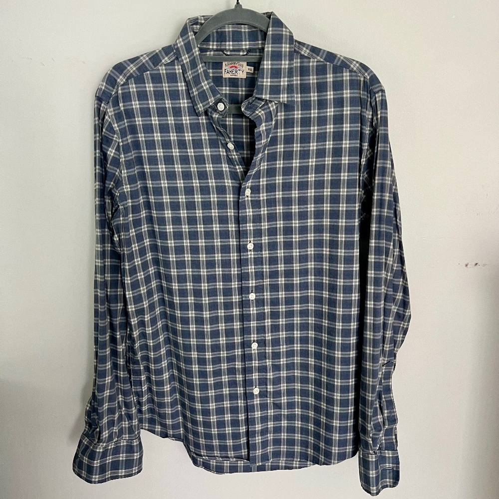 Men's Faherty Shirt Blue Plaid Soft Button-Down Size Medium